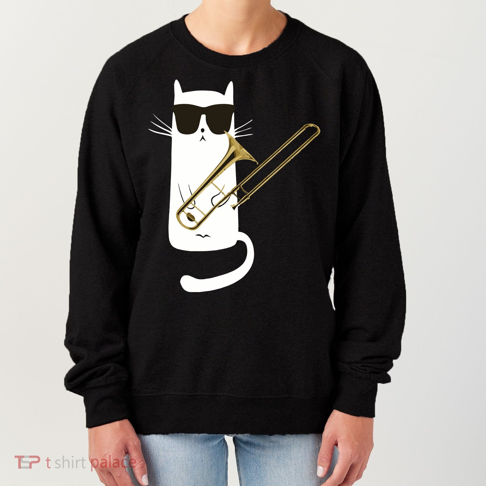 Funny Cat Wearing Sunglasses Playing Trombone Women's Sweatshirt