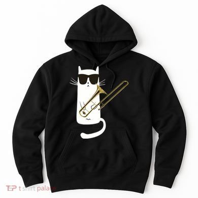 Funny Cat Wearing Sunglasses Playing Trombone Hoodie