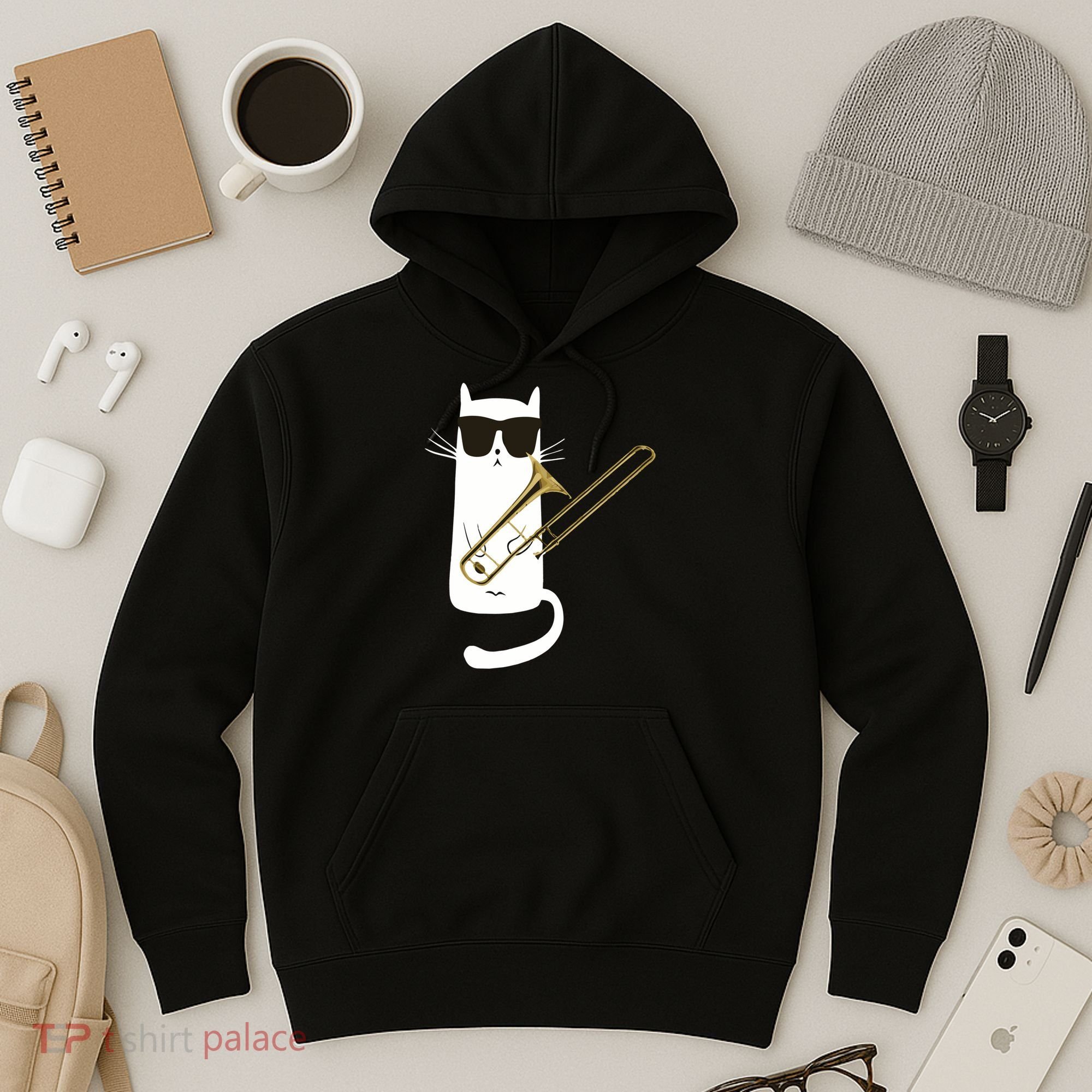 Funny Cat Wearing Sunglasses Playing Trombone Hoodie