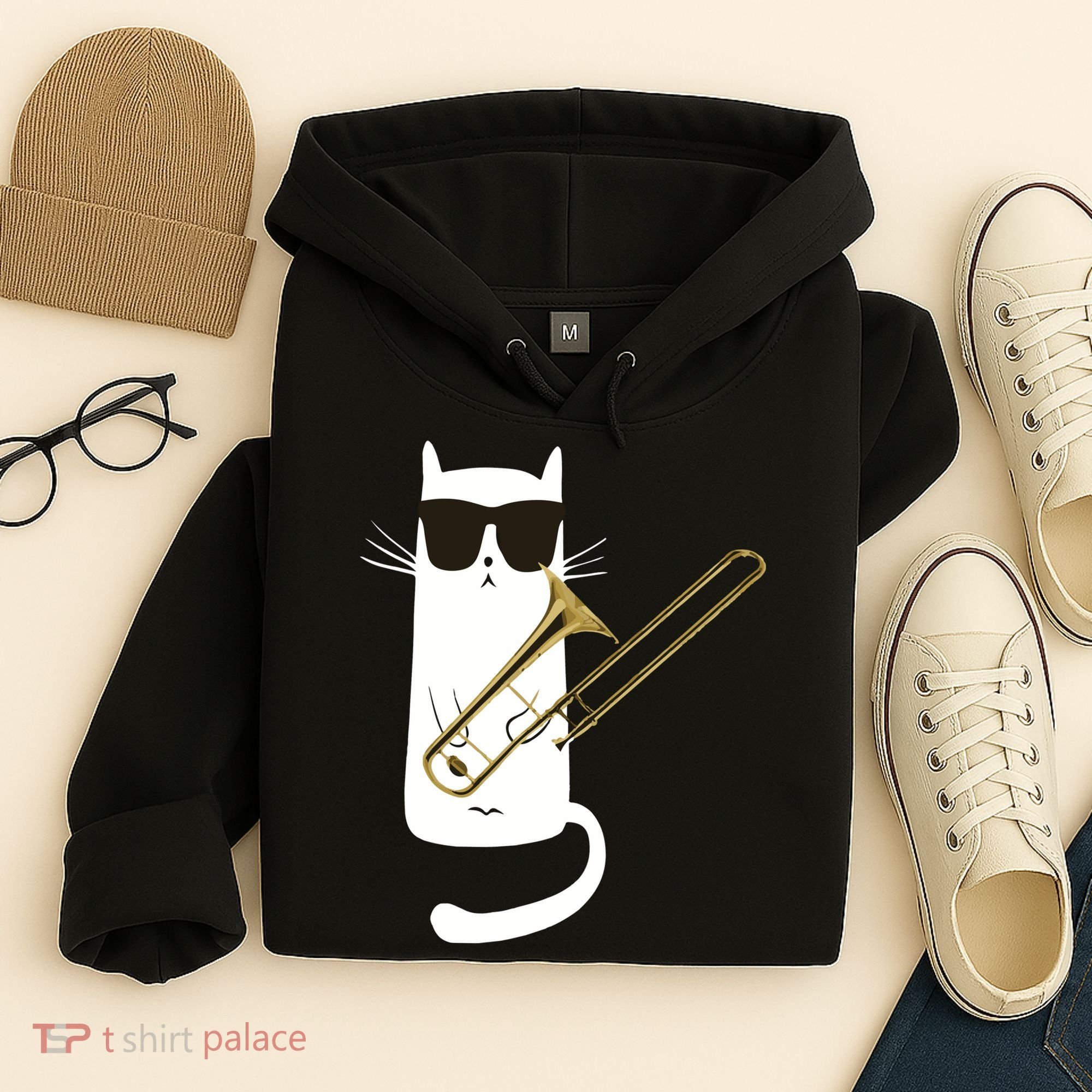 Funny Cat Wearing Sunglasses Playing Trombone Hoodie