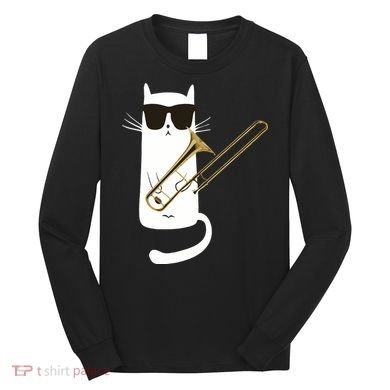 Funny Cat Wearing Sunglasses Playing Trombone Long Sleeve Shirt