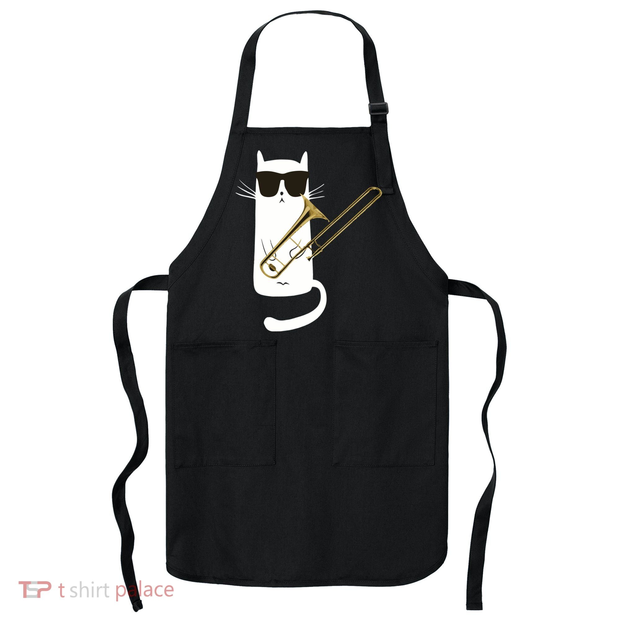 Funny Cat Wearing Sunglasses Playing Trombone Apron