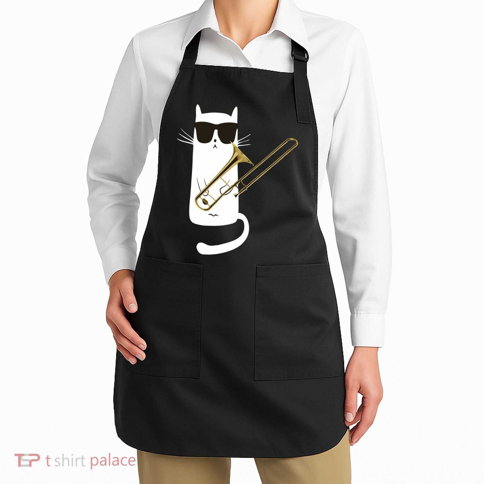 Funny Cat Wearing Sunglasses Playing Trombone Apron
