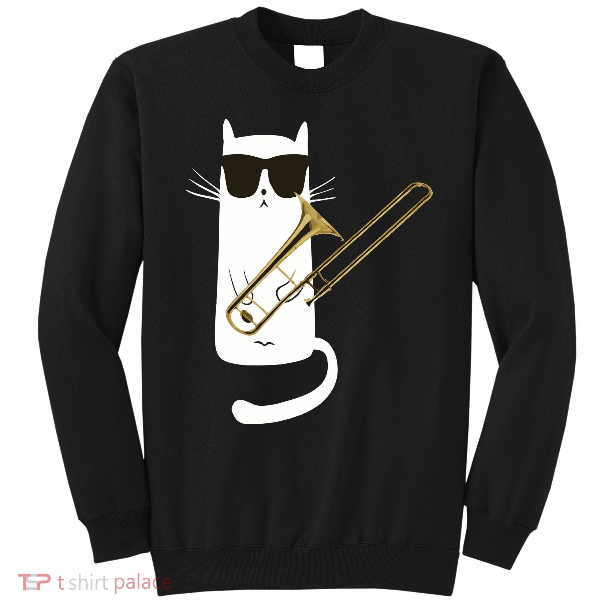 Funny Cat Wearing Sunglasses Playing Trombone Sweatshirt