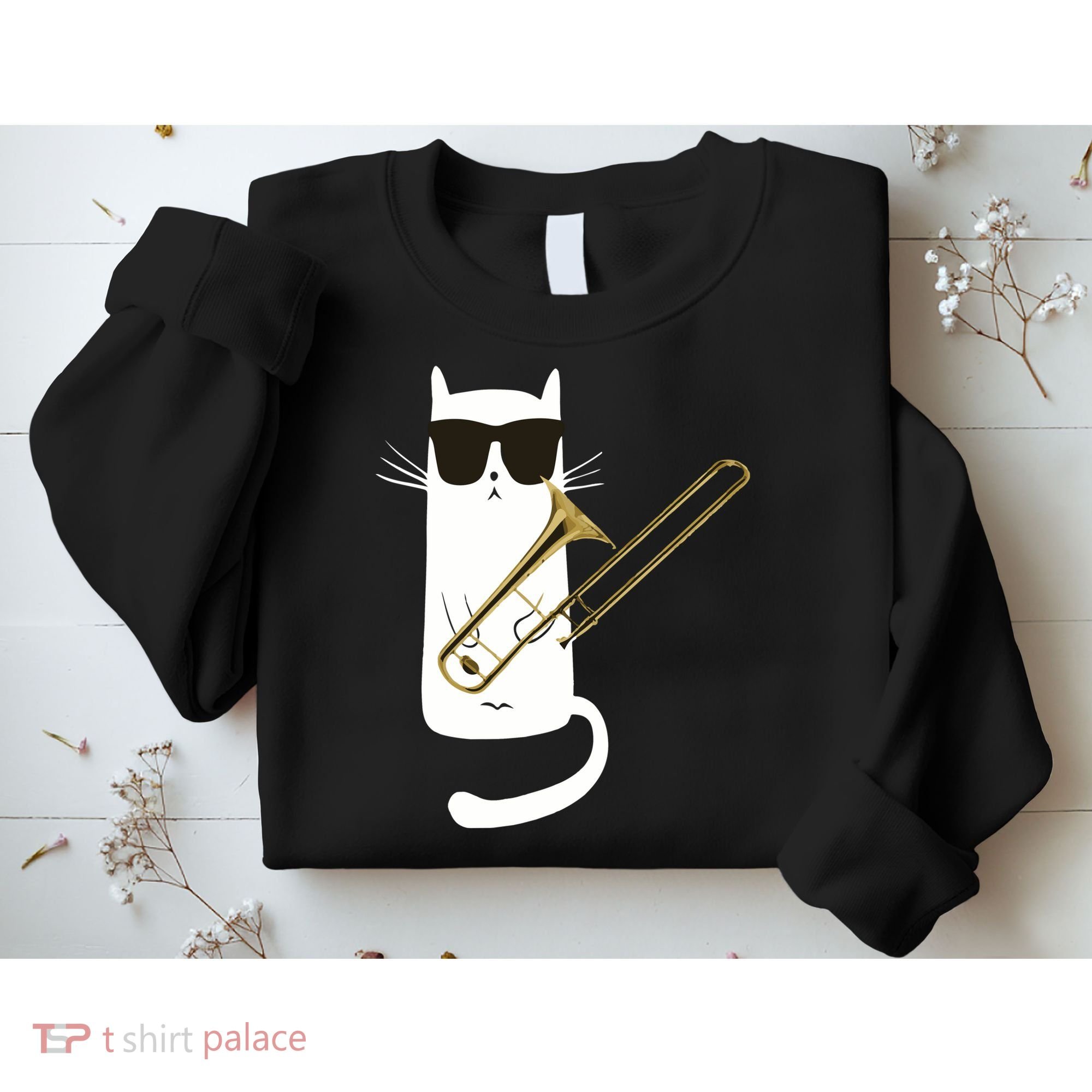 Funny Cat Wearing Sunglasses Playing Trombone Sweatshirt