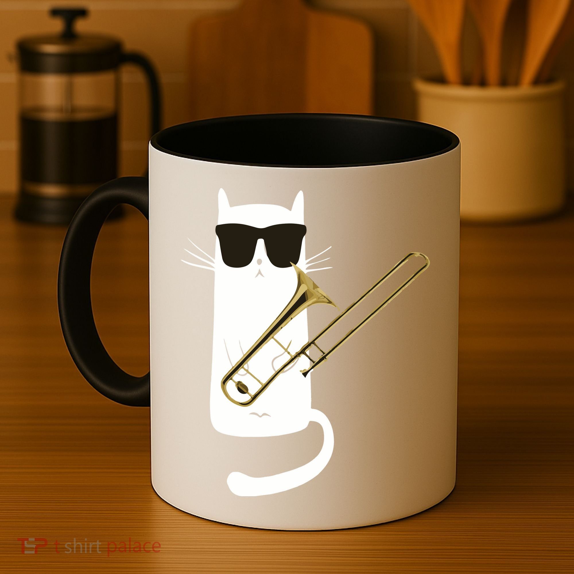 Funny Cat Wearing Sunglasses Playing Trombone Coffee Mug