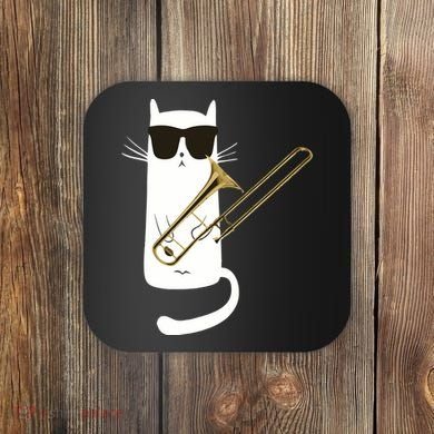Funny Cat Wearing Sunglasses Playing Trombone Coaster