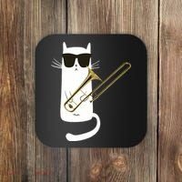 Funny Cat Wearing Sunglasses Playing Trombone Coaster thumb 0