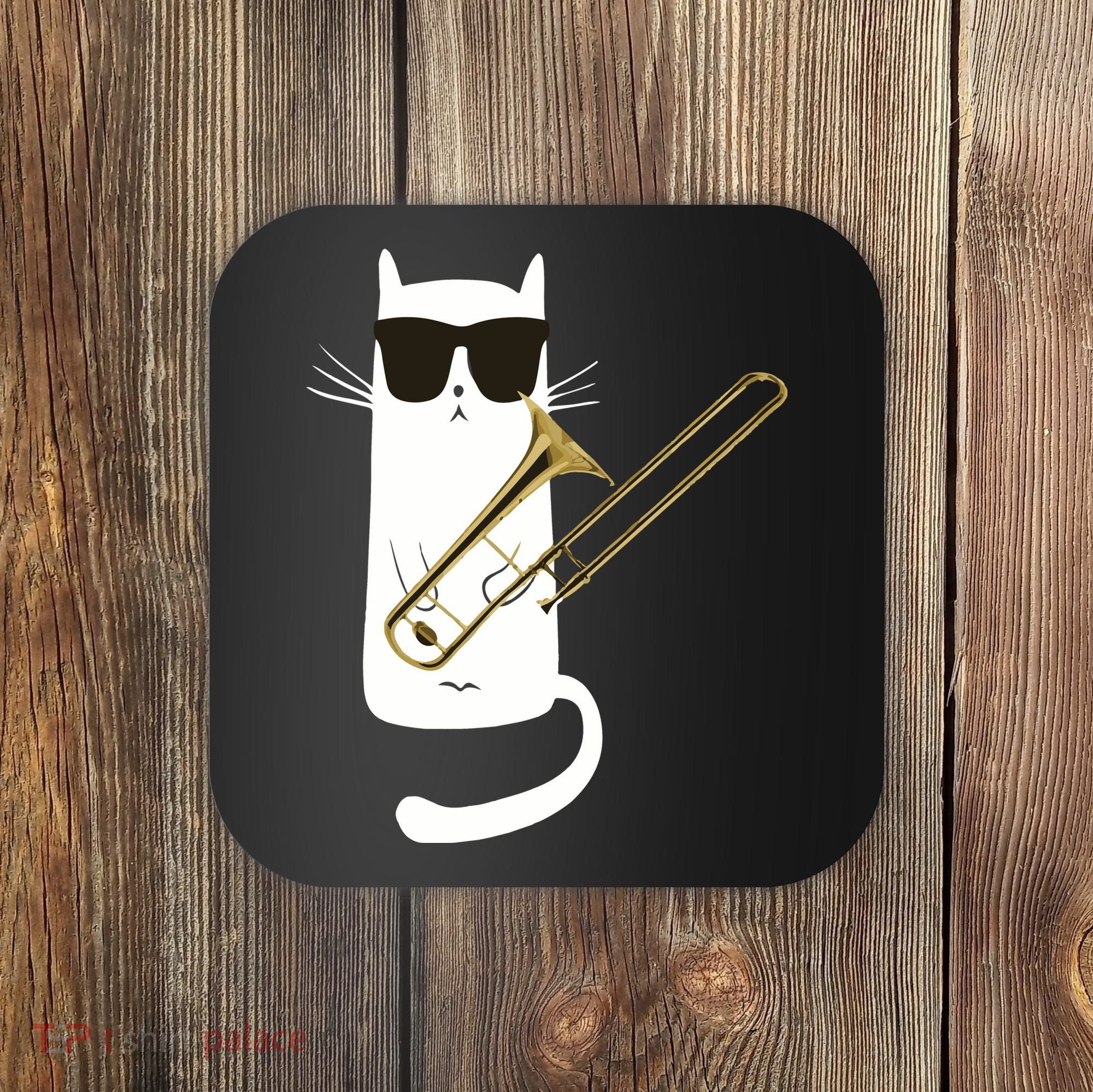 Funny Cat Wearing Sunglasses Playing Trombone Coaster