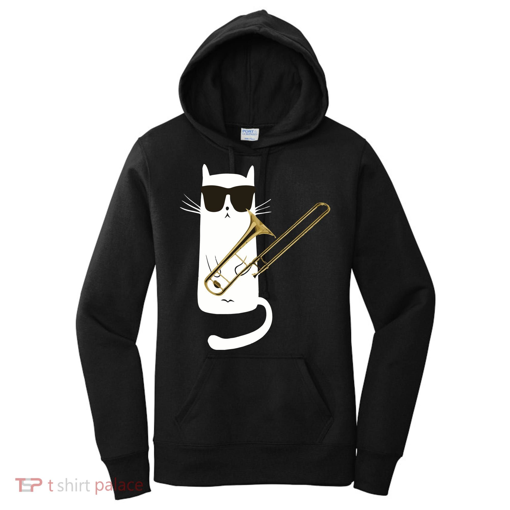 Funny Cat Wearing Sunglasses Playing Trombone Women's Hoodie