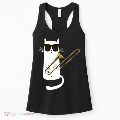 Funny Cat Wearing Sunglasses Playing Trombone Women's Tank Top