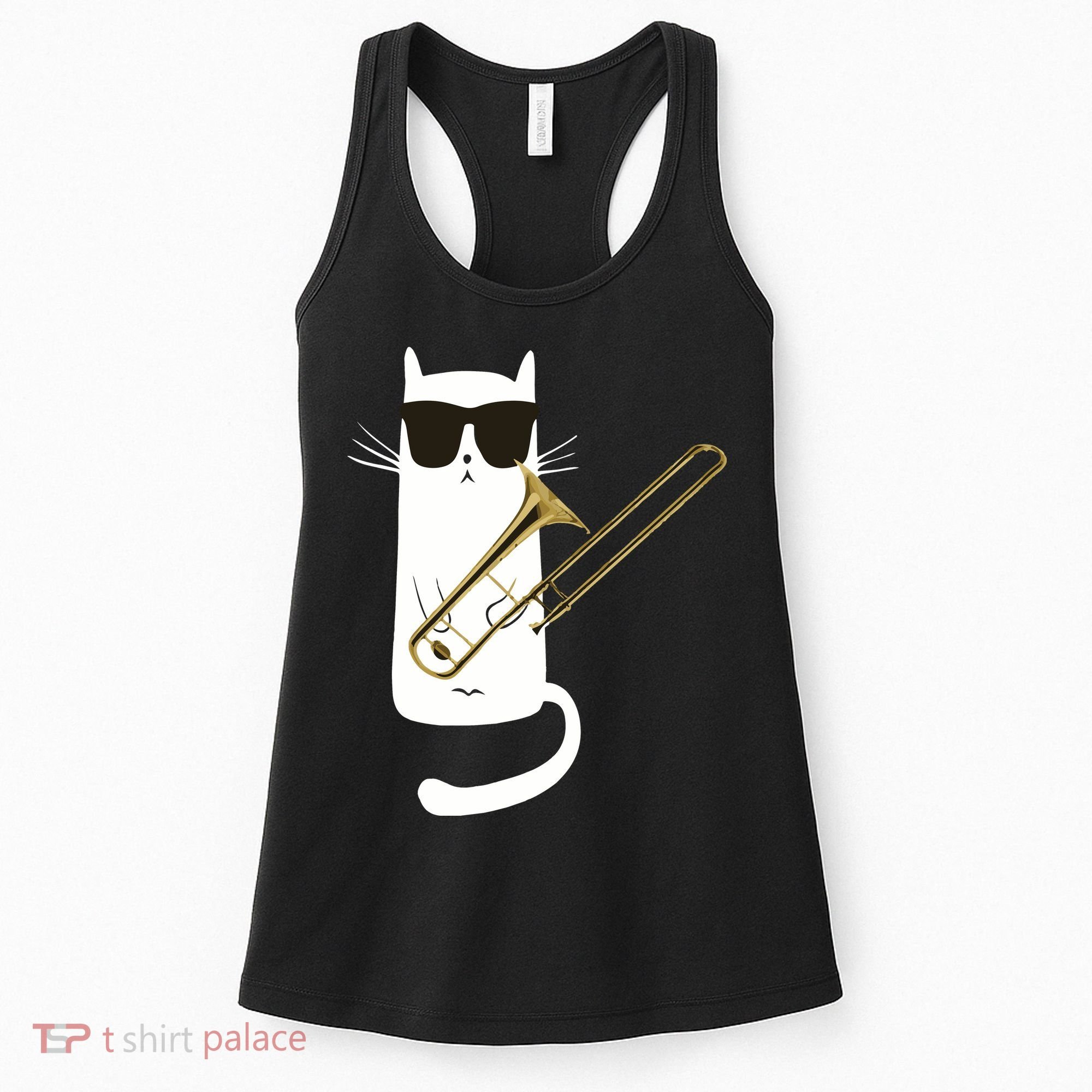 Funny Cat Wearing Sunglasses Playing Trombone Women's Tank Top