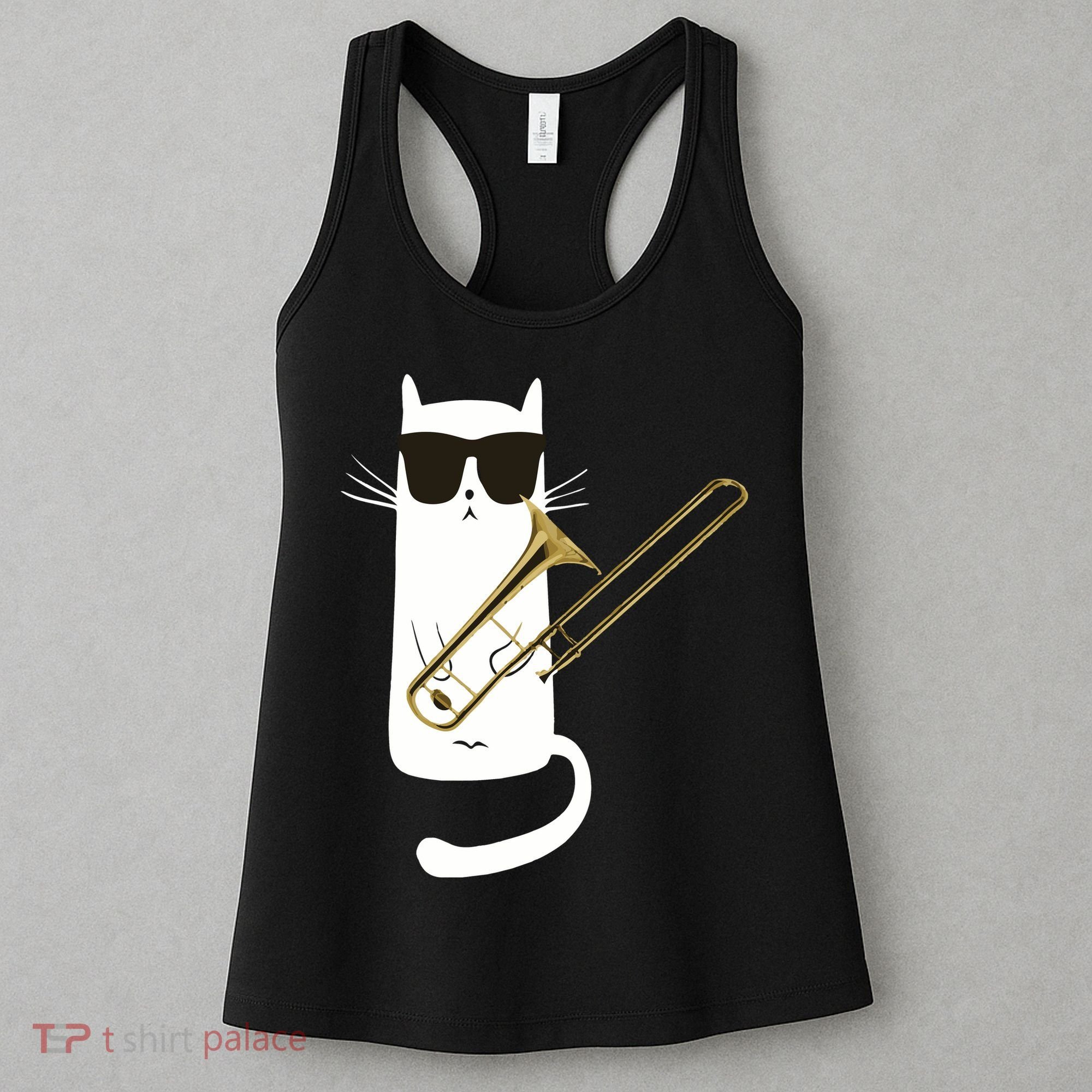 Funny Cat Wearing Sunglasses Playing Trombone Women's Tank Top