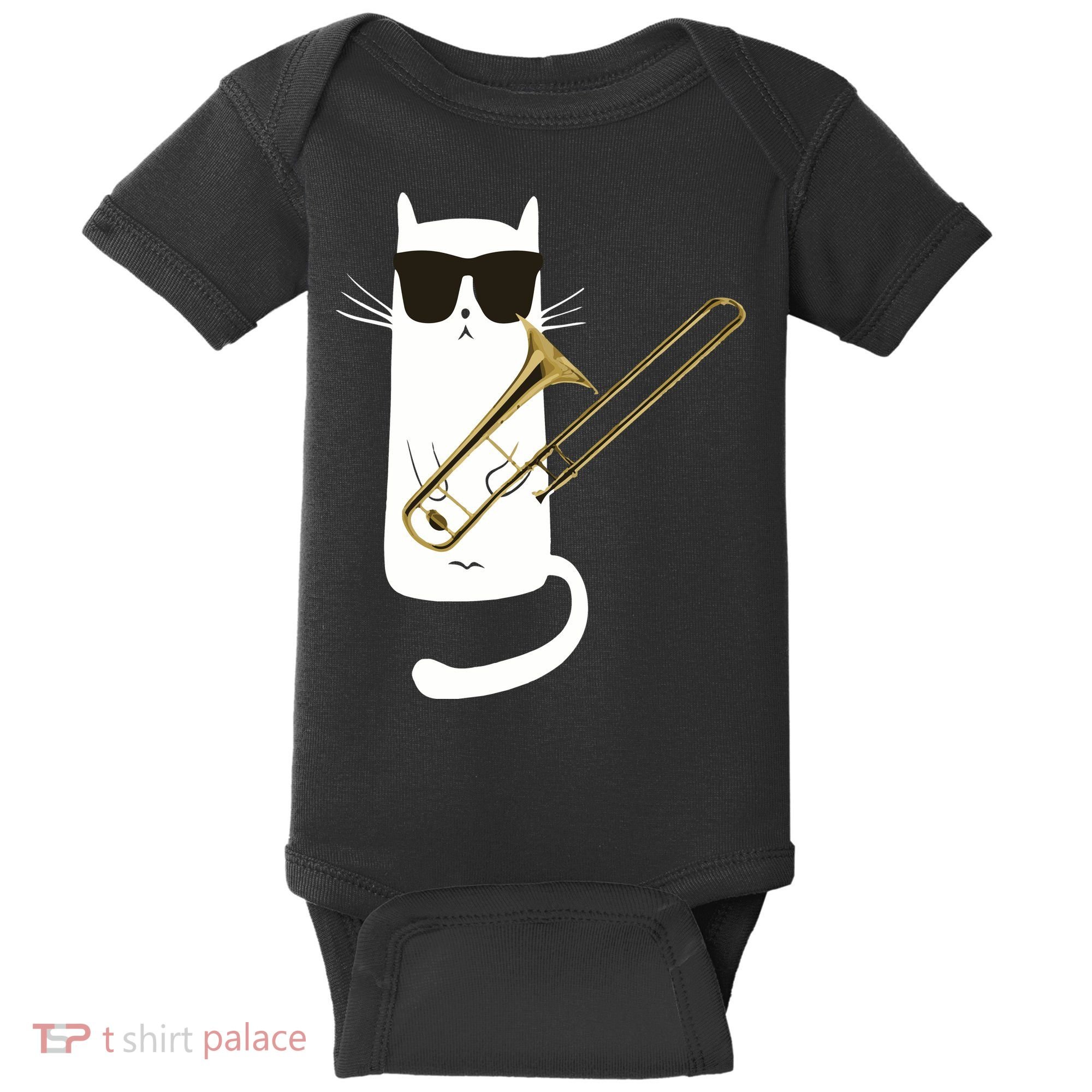 Funny Cat Wearing Sunglasses Playing Trombone Baby Bodysuit