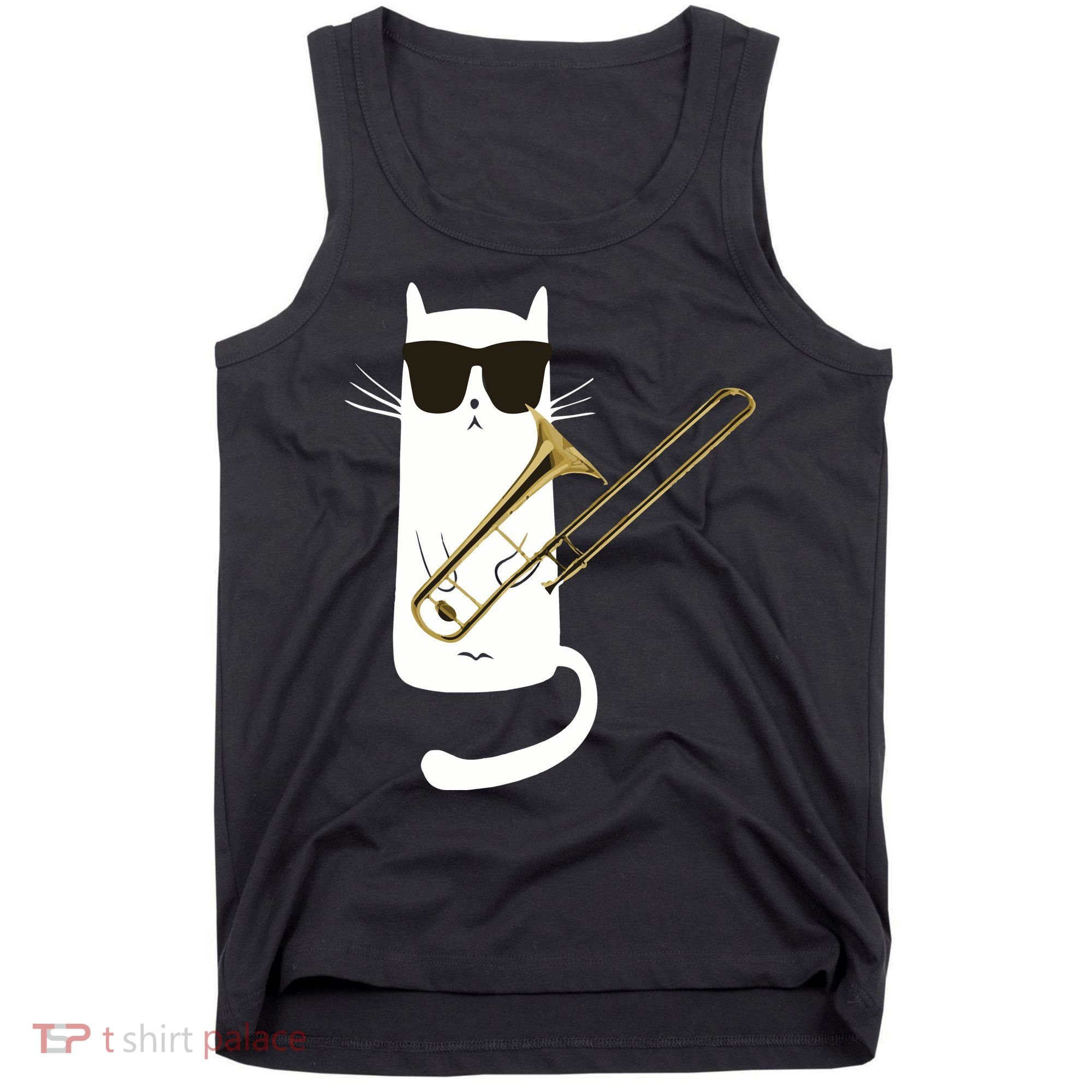 Funny Cat Wearing Sunglasses Playing Trombone Tank Top