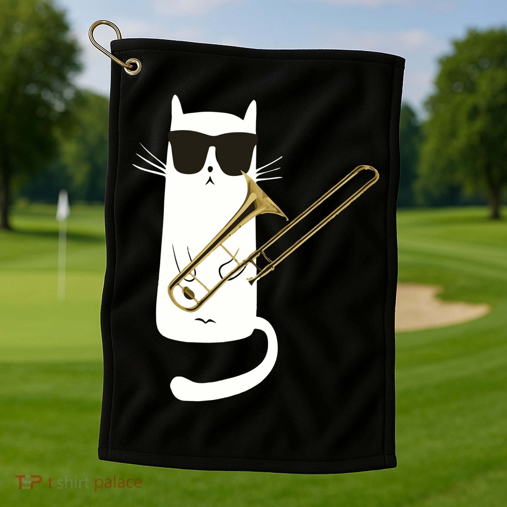 Funny Cat Wearing Sunglasses Playing Trombone Golf Towel