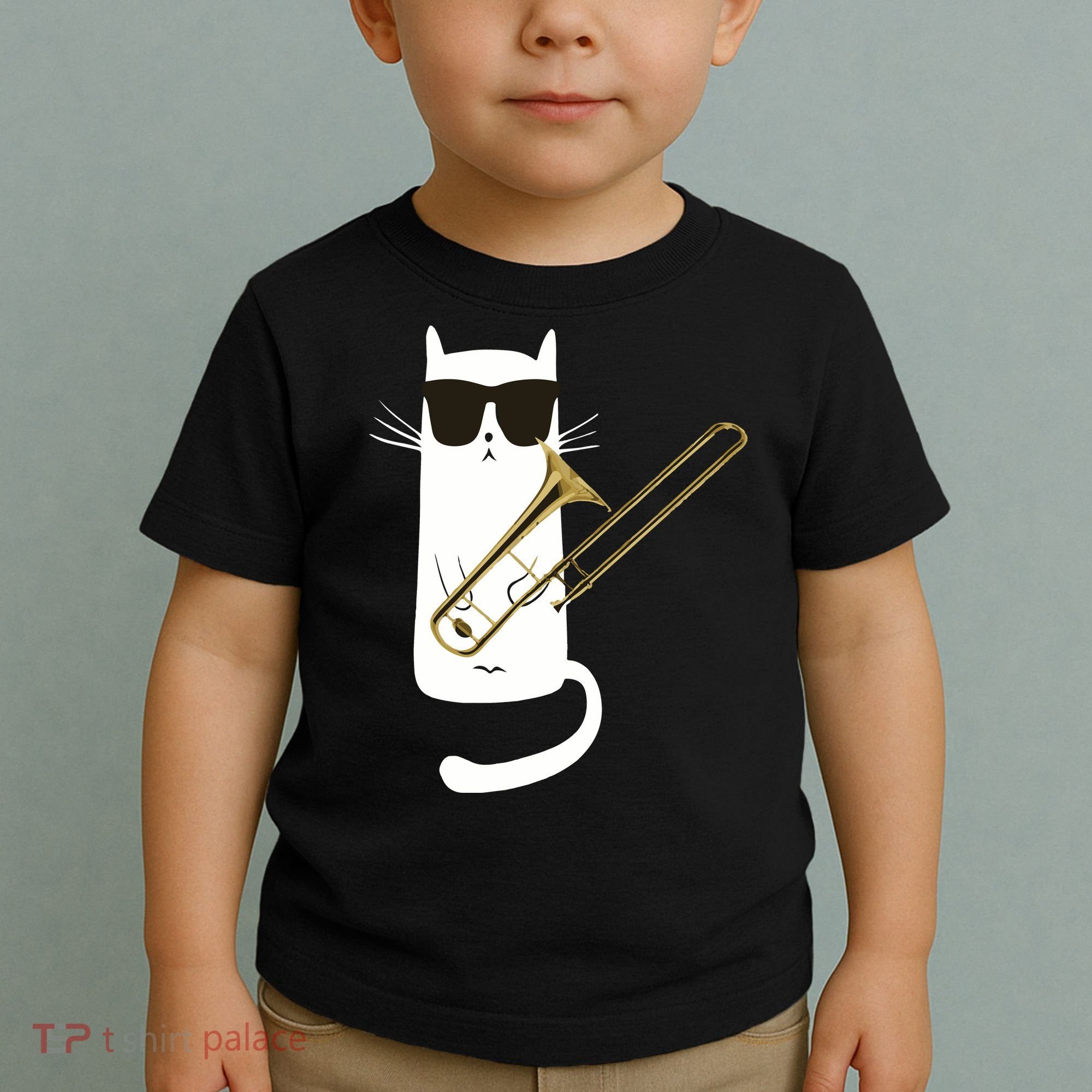 Funny Cat Wearing Sunglasses Playing Trombone Toddler T-Shirt
