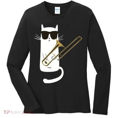 Funny Cat Wearing Sunglasses Playing Trombone Women's Long Sleeve Shirt