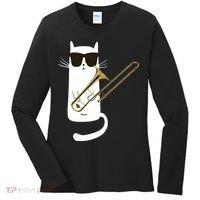 Funny Cat Wearing Sunglasses Playing Trombone Women's Long Sleeve Shirt thumb 0