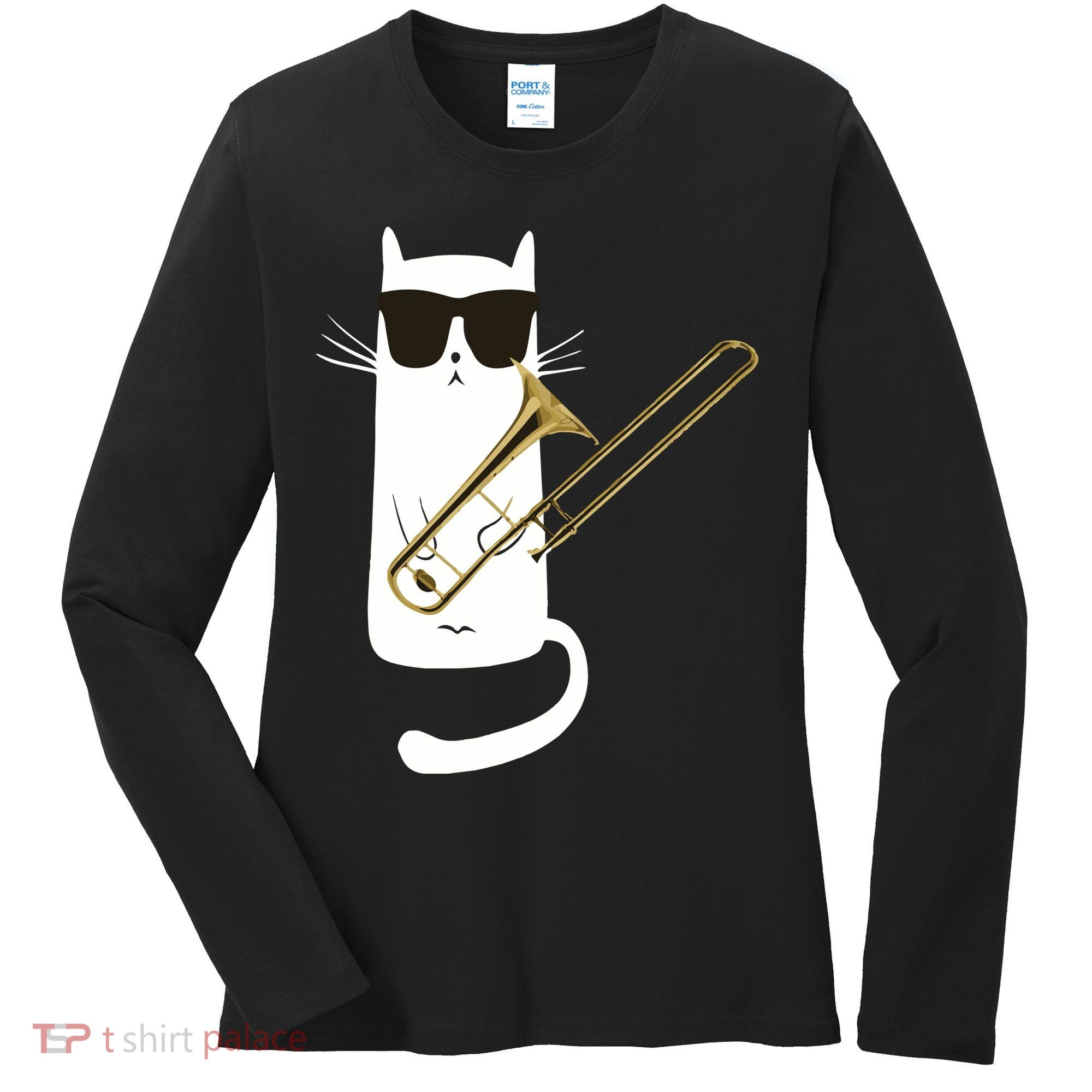 Funny Cat Wearing Sunglasses Playing Trombone Women's Long Sleeve Shirt