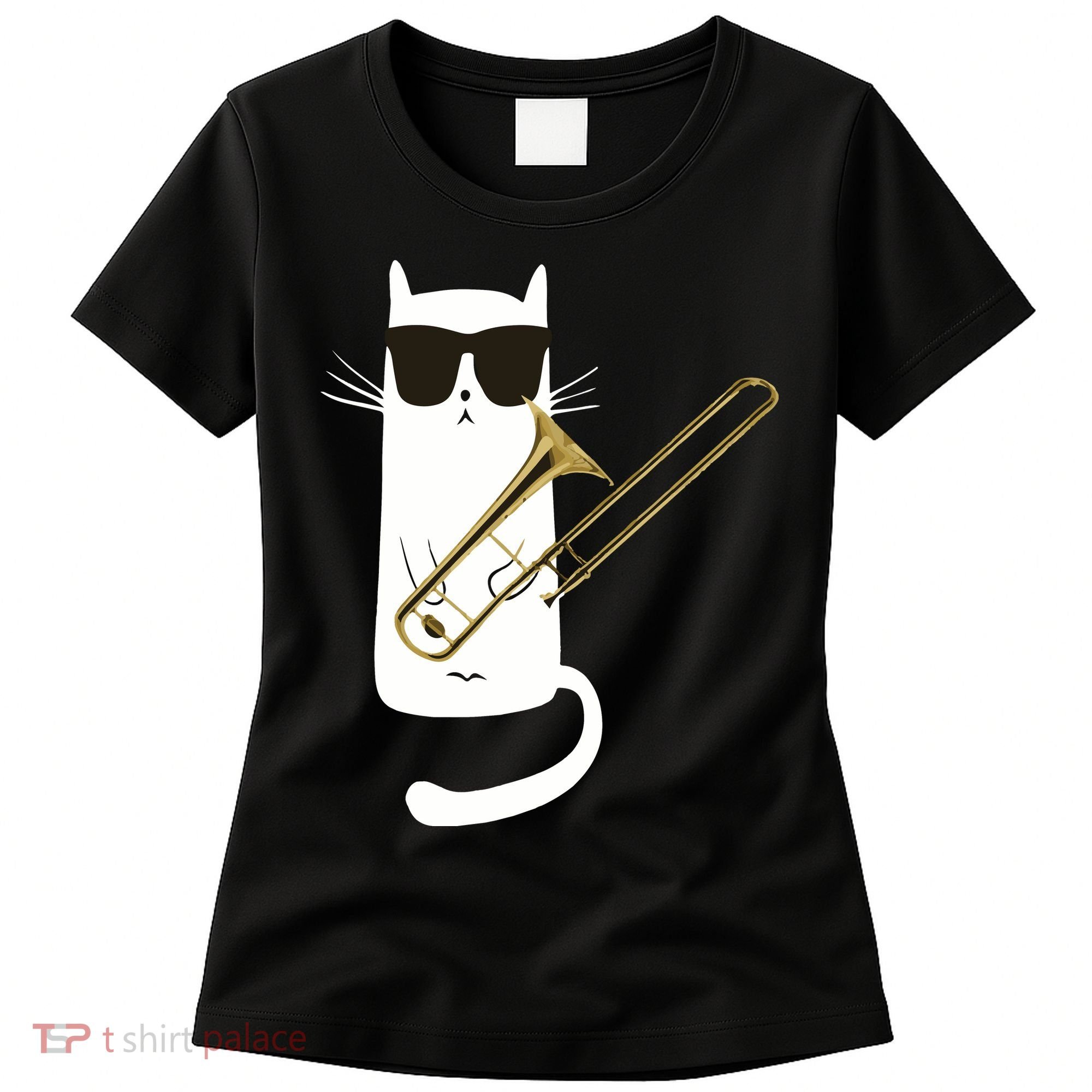 Funny Cat Wearing Sunglasses Playing Trombone Women's T-Shirt