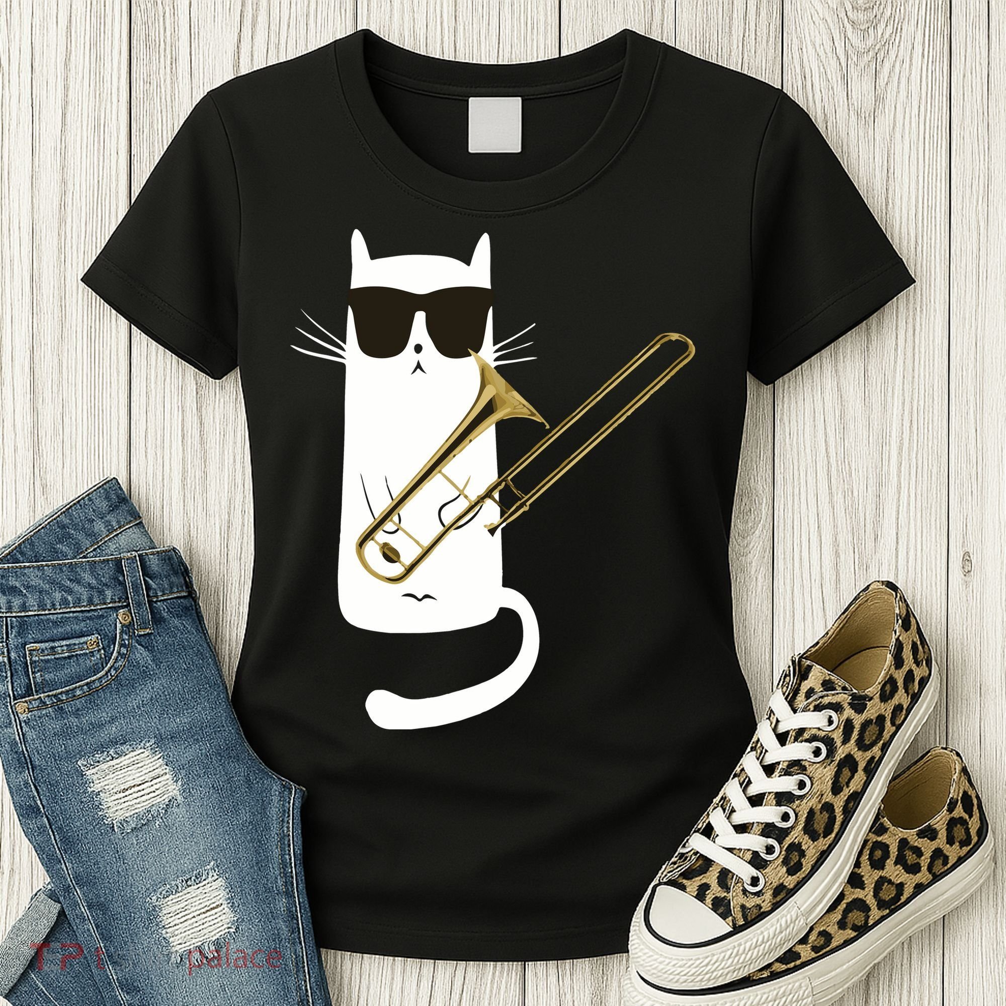 Funny Cat Wearing Sunglasses Playing Trombone Women's T-Shirt