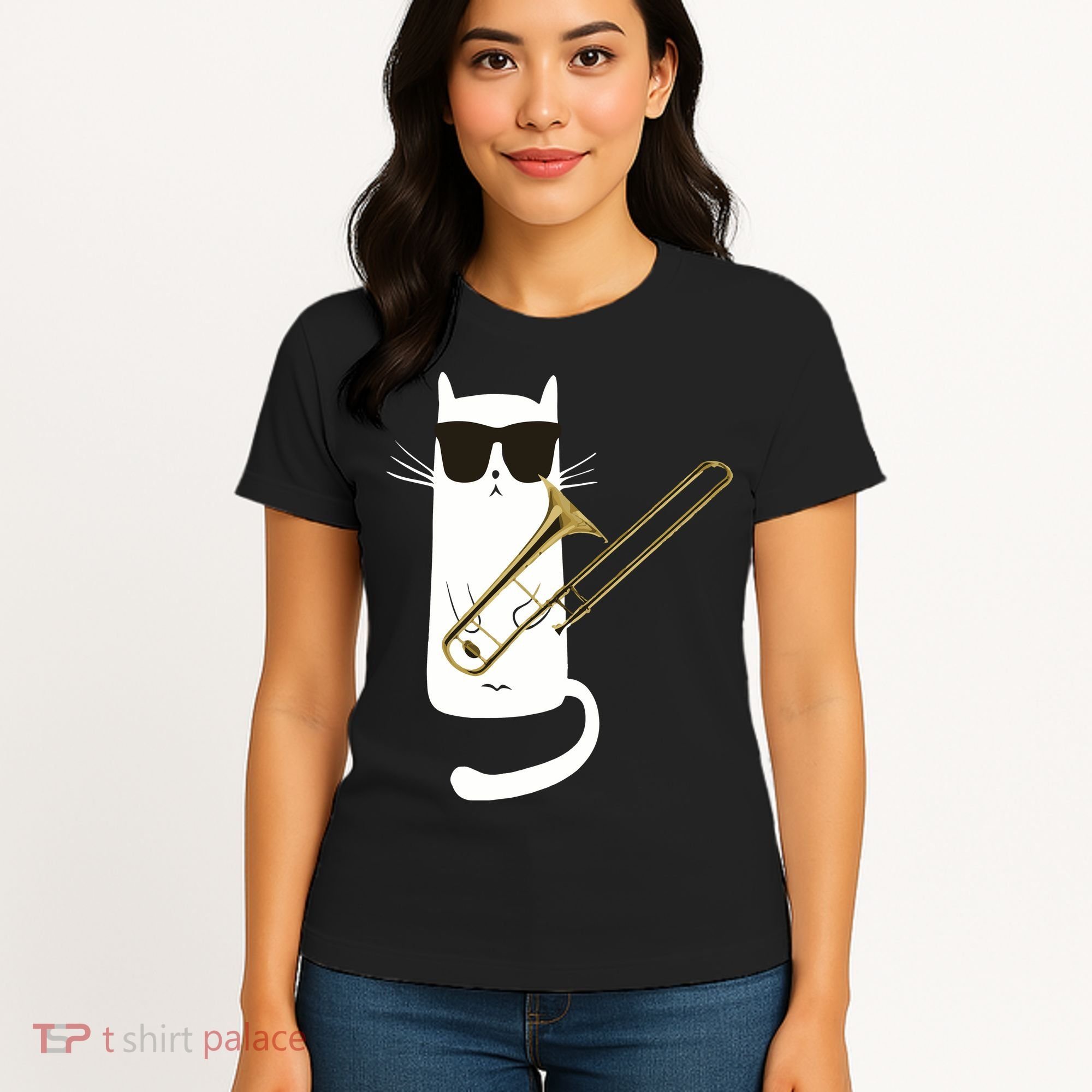 Funny Cat Wearing Sunglasses Playing Trombone Women's T-Shirt