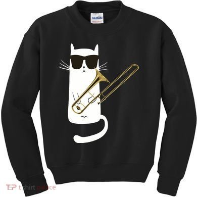 Funny Cat Wearing Sunglasses Playing Trombone Kids Sweatshirt
