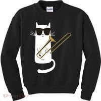 Funny Cat Wearing Sunglasses Playing Trombone Kids Sweatshirt thumb 0