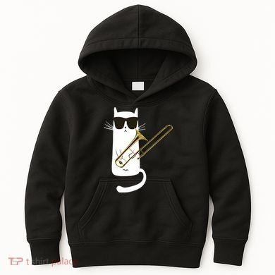 Funny Cat Wearing Sunglasses Playing Trombone Kids Hoodie