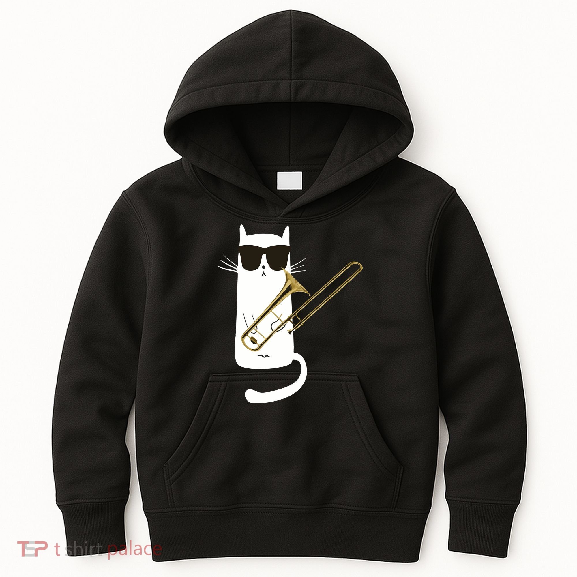 Funny Cat Wearing Sunglasses Playing Trombone Kids Hoodie