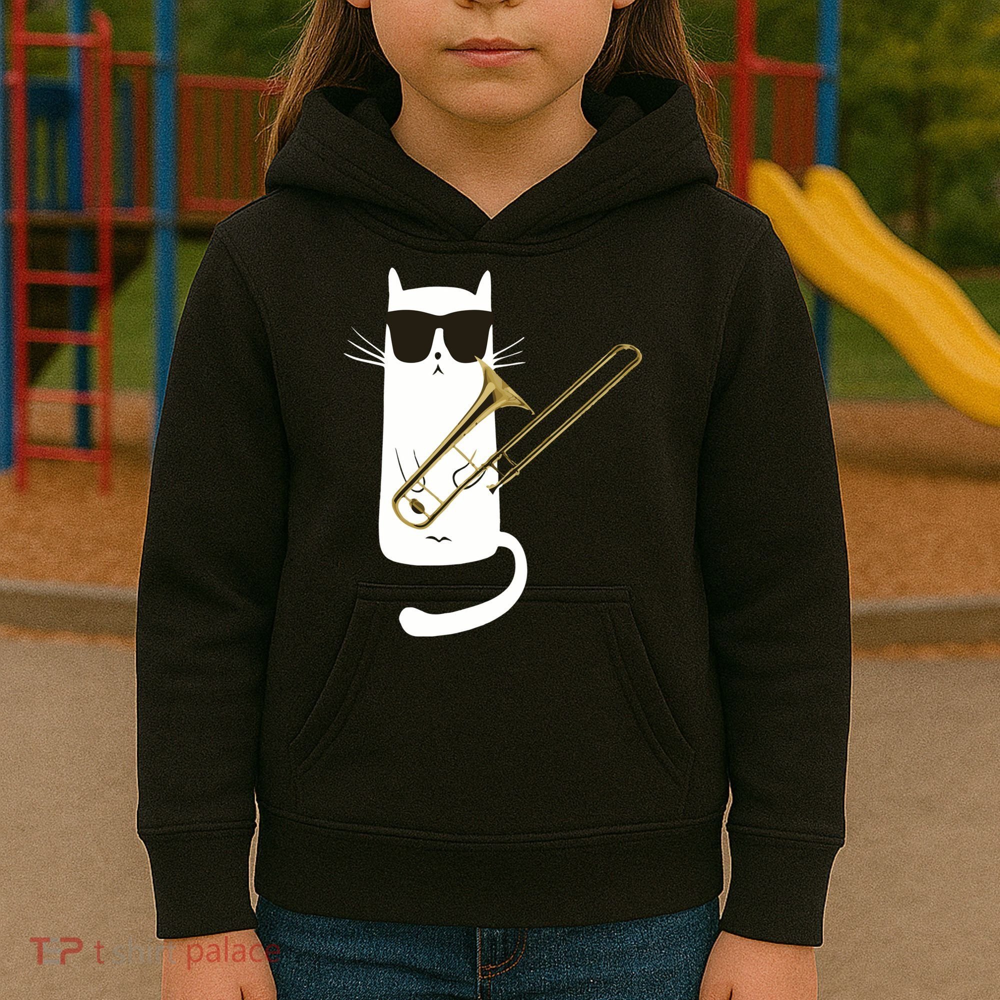 Funny Cat Wearing Sunglasses Playing Trombone Kids Hoodie