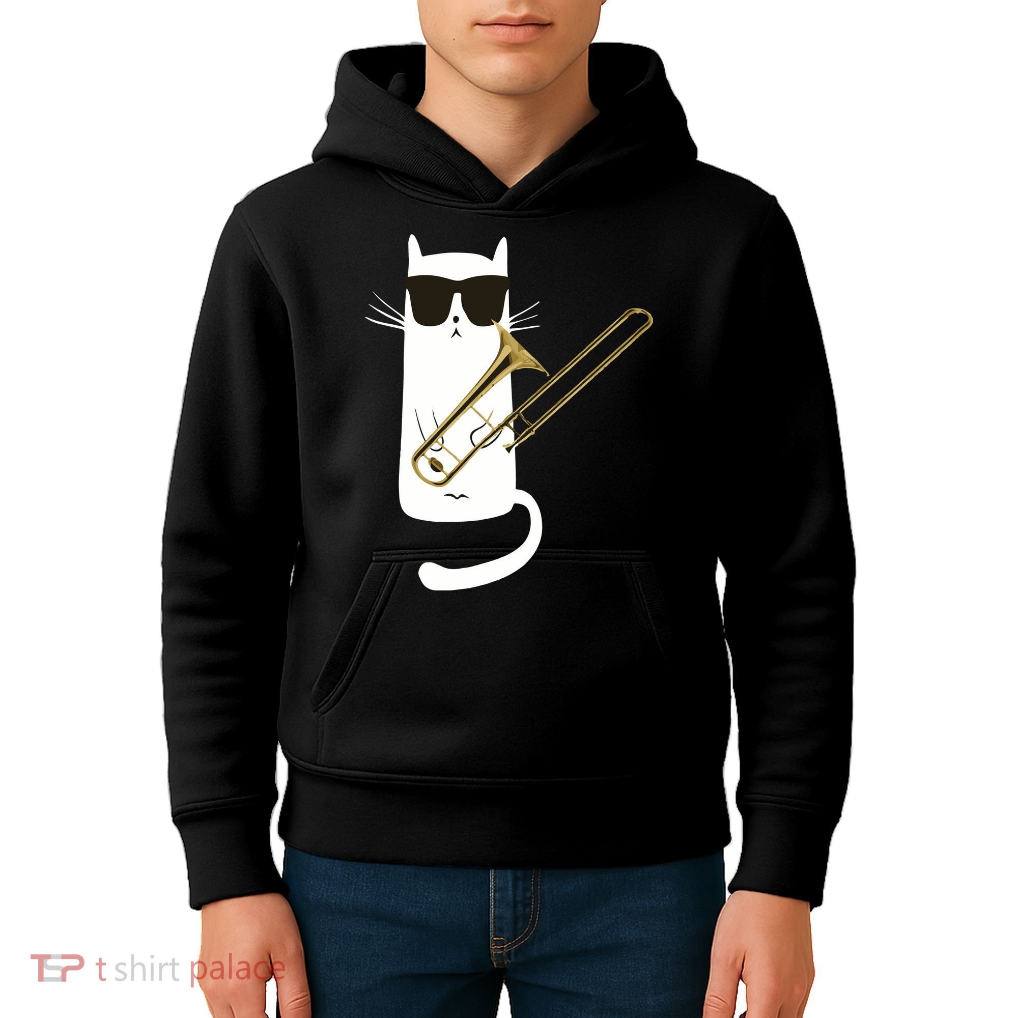 Funny Cat Wearing Sunglasses Playing Trombone Kids Hoodie