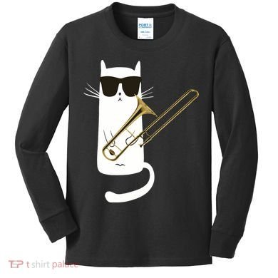 Funny Cat Wearing Sunglasses Playing Trombone Kids Long Sleeve Shirt