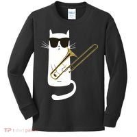 Funny Cat Wearing Sunglasses Playing Trombone Kids Long Sleeve Shirt thumb 0