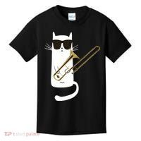 Funny Cat Wearing Sunglasses Playing Trombone Kids T-Shirt thumb 0