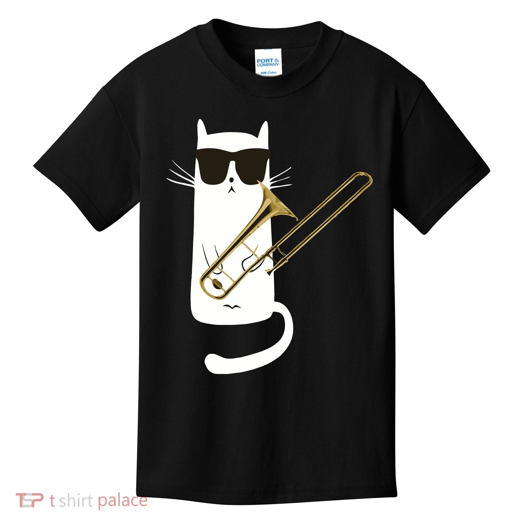 Funny Cat Wearing Sunglasses Playing Trombone Kids T-Shirt