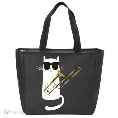 Funny Cat Wearing Sunglasses Playing Trombone Tote Bag