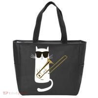 Funny Cat Wearing Sunglasses Playing Trombone Tote Bag thumb 0
