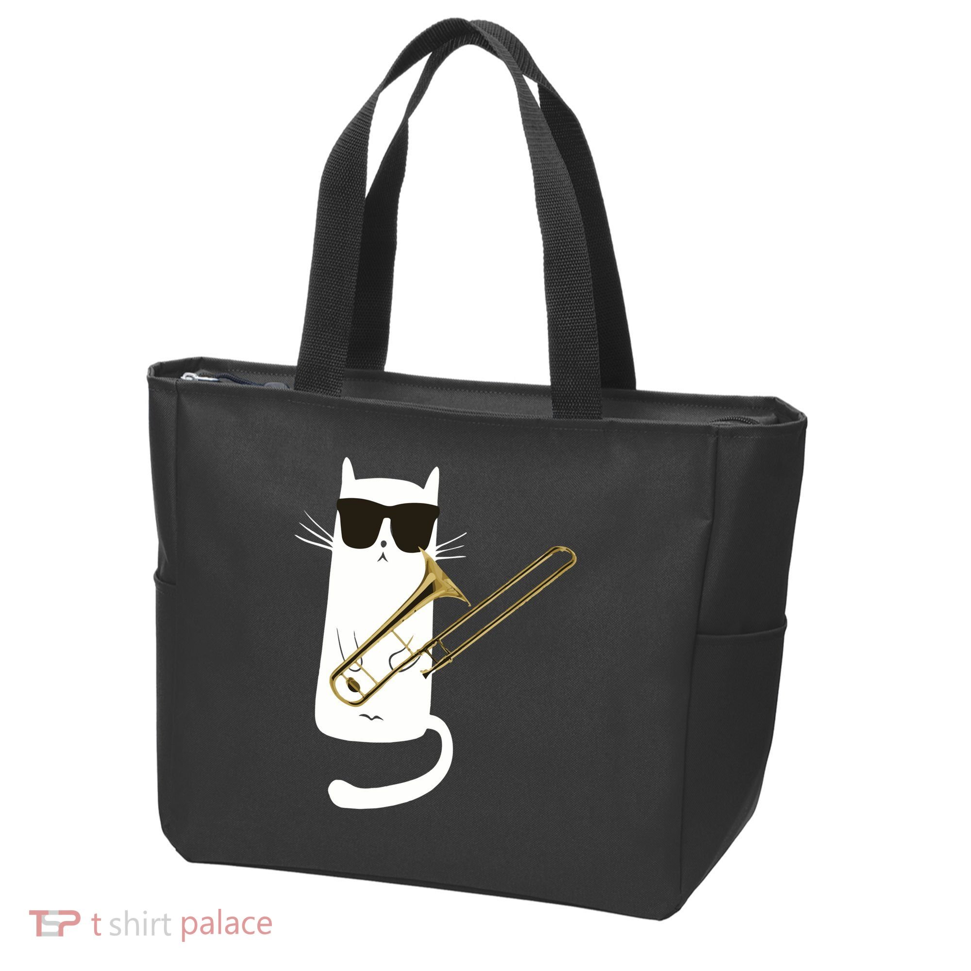 Funny Cat Wearing Sunglasses Playing Trombone Tote Bag