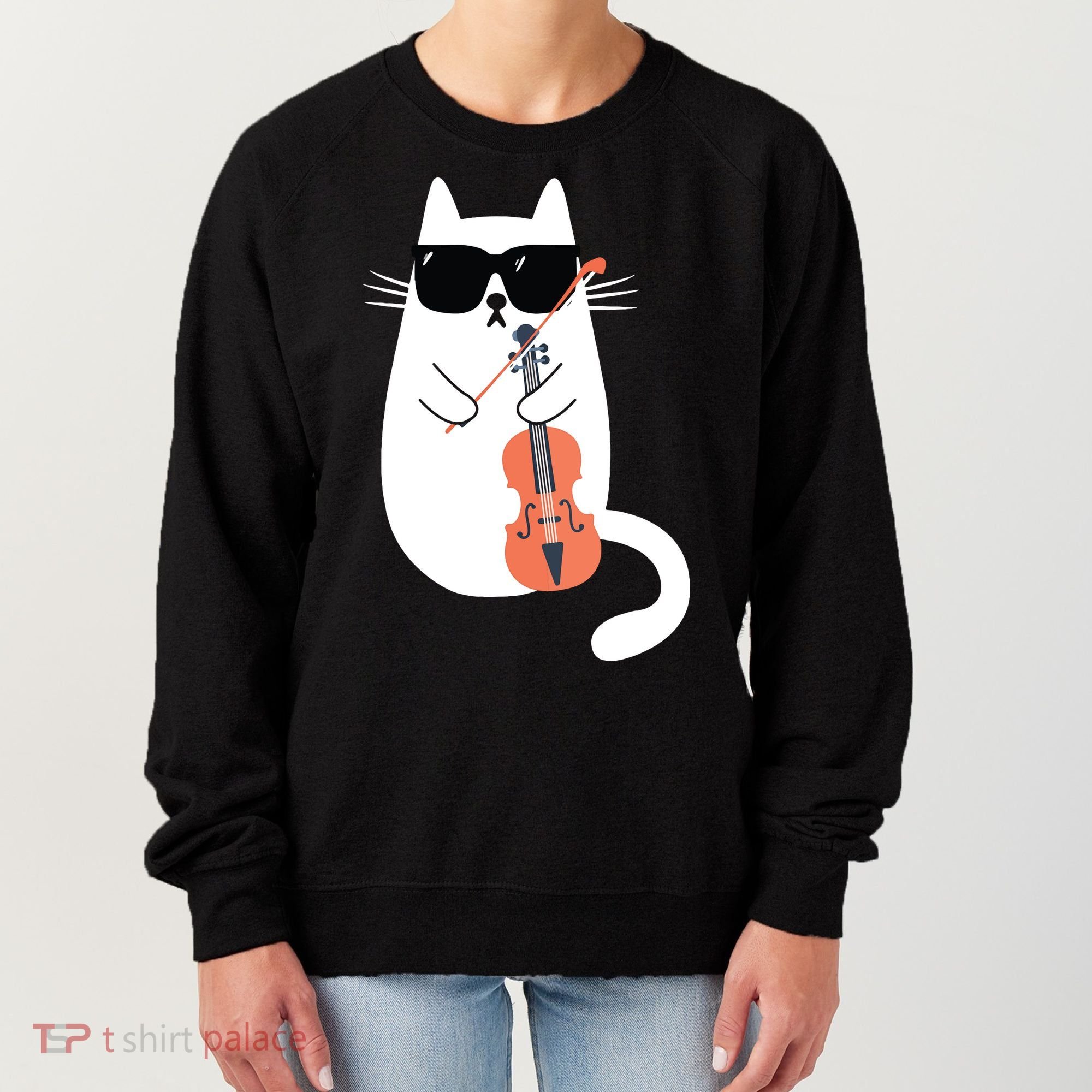 Funny Cat Wearing Sunglasses Playing Violin Viola Musician Women's Sweatshirt