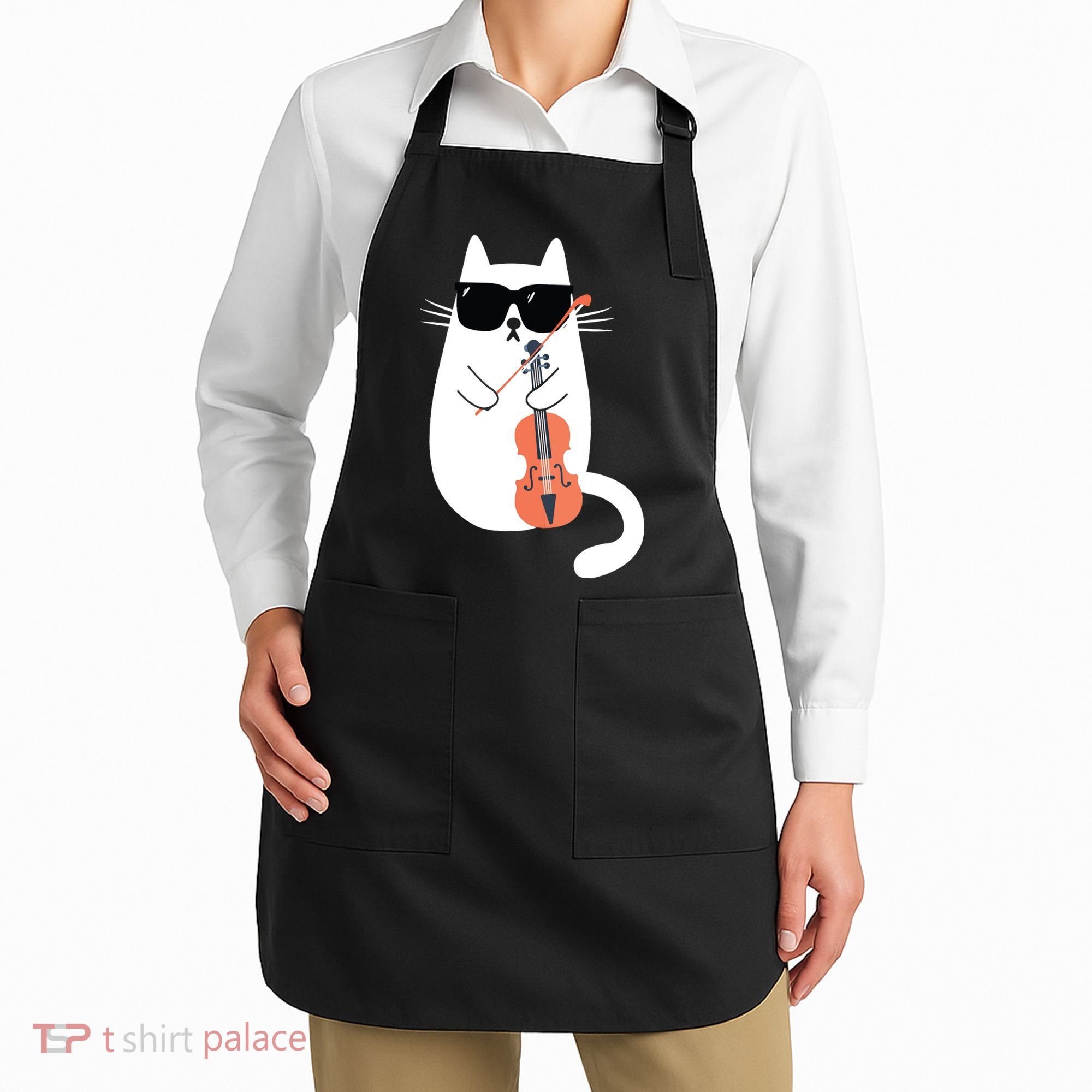Funny Cat Wearing Sunglasses Playing Violin Viola Musician Apron