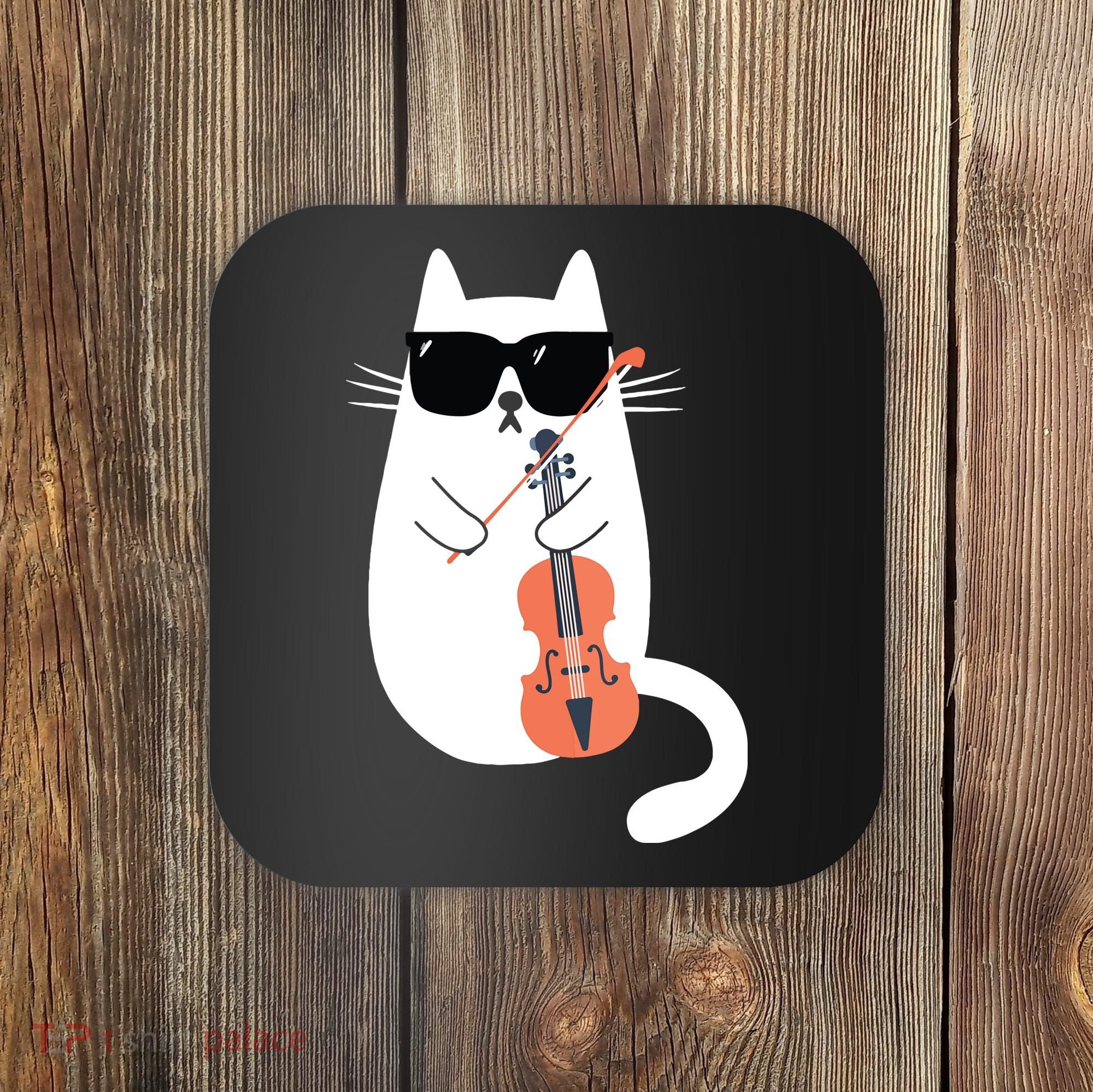 Funny Cat Wearing Sunglasses Playing Violin Viola Musician Coaster