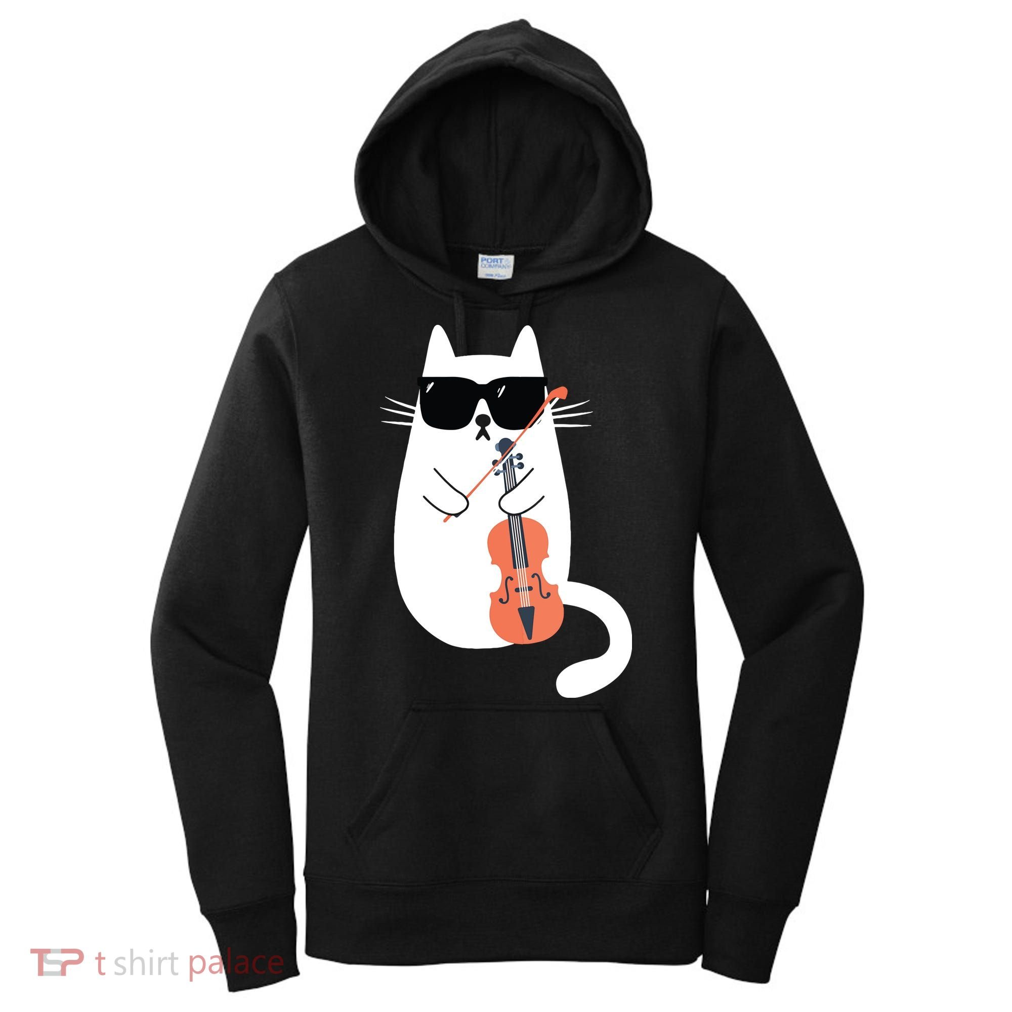 Funny Cat Wearing Sunglasses Playing Violin Viola Musician Women's Hoodie
