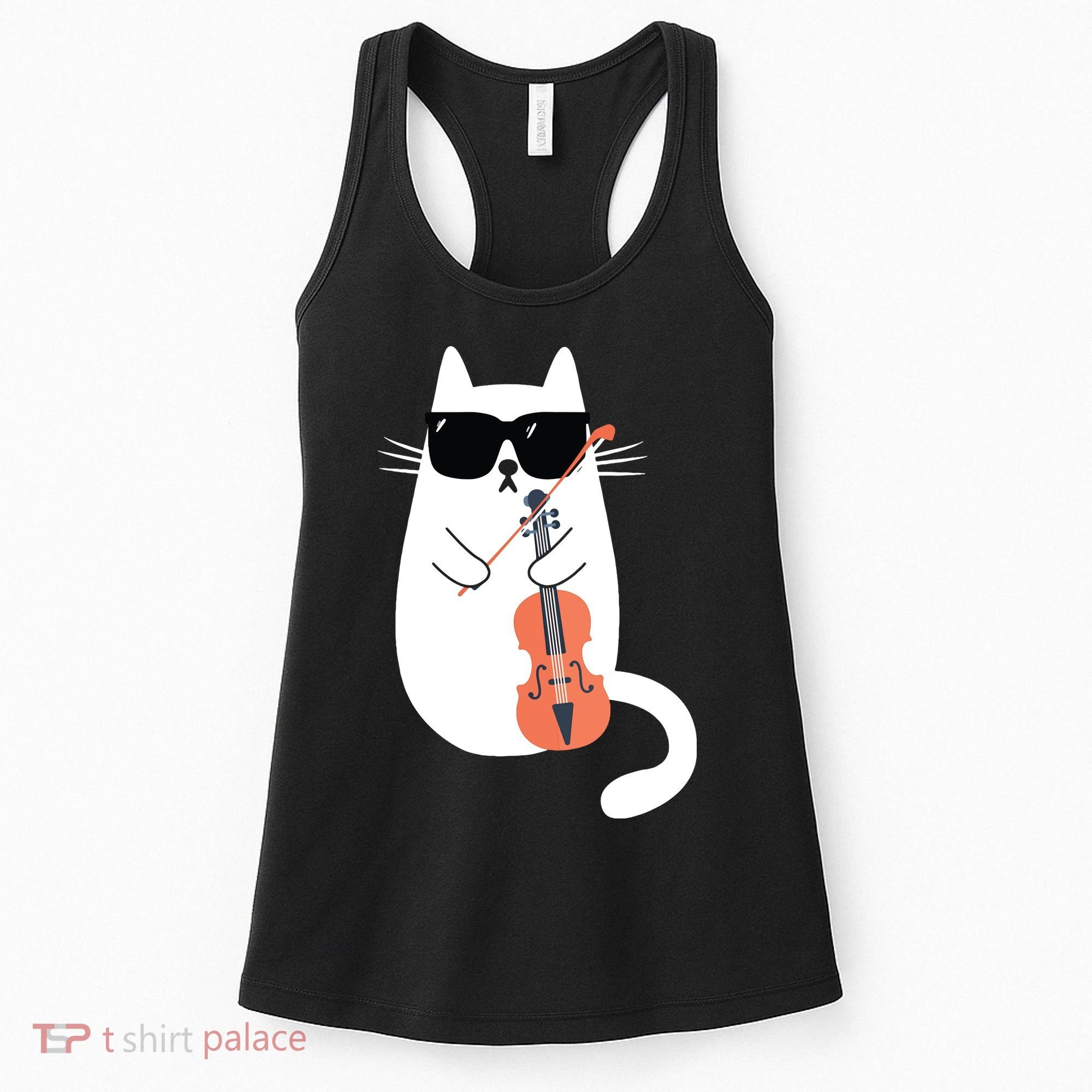 Funny Cat Wearing Sunglasses Playing Violin Viola Musician Women's Tank Top