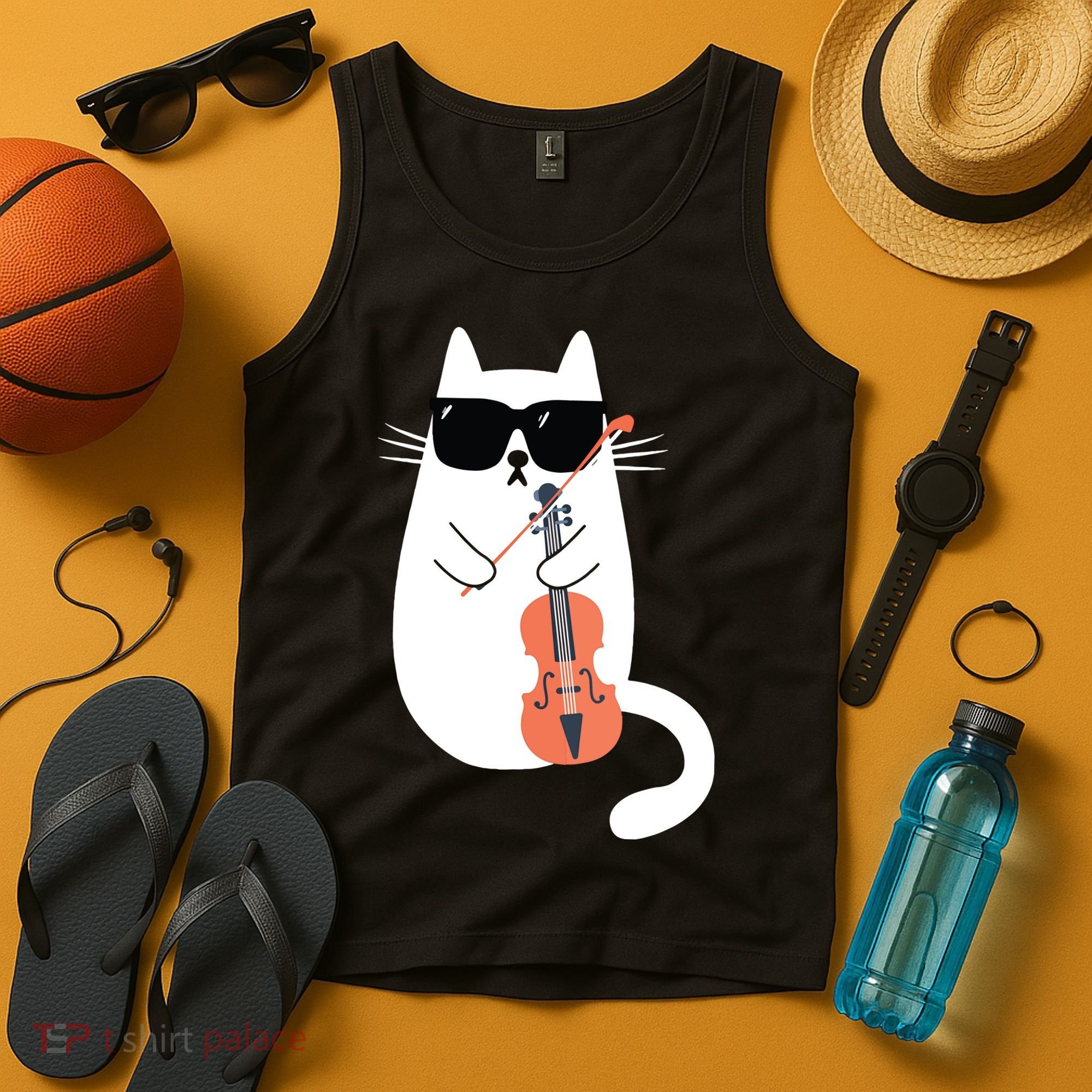 Funny Cat Wearing Sunglasses Playing Violin Viola Musician Tank Top