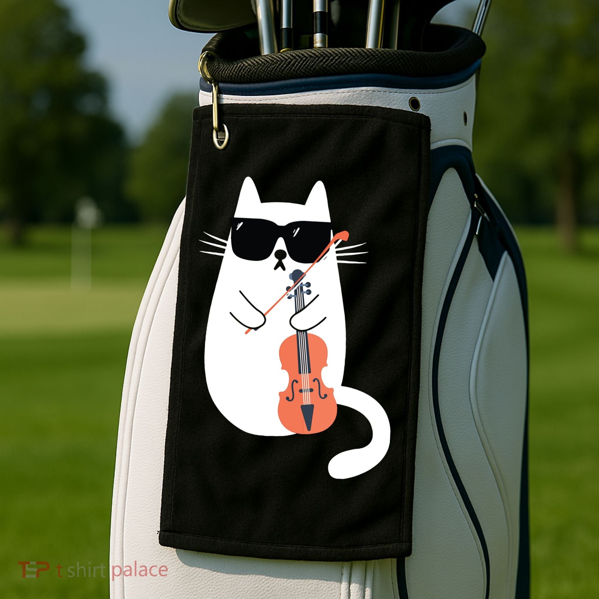 Funny Cat Wearing Sunglasses Playing Violin Viola Musician Golf Towel
