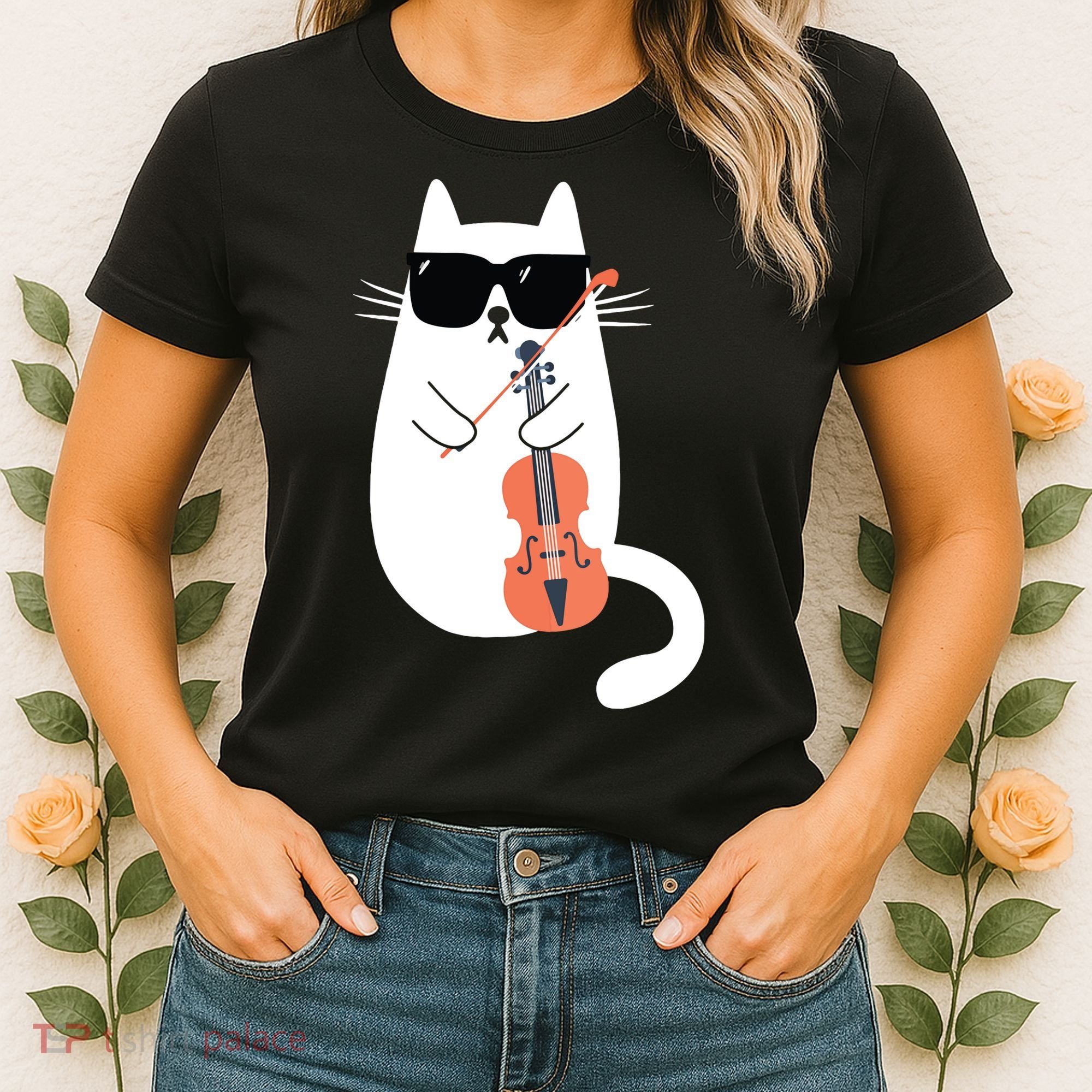Funny Cat Wearing Sunglasses Playing Violin Viola Musician Women's T-Shirt