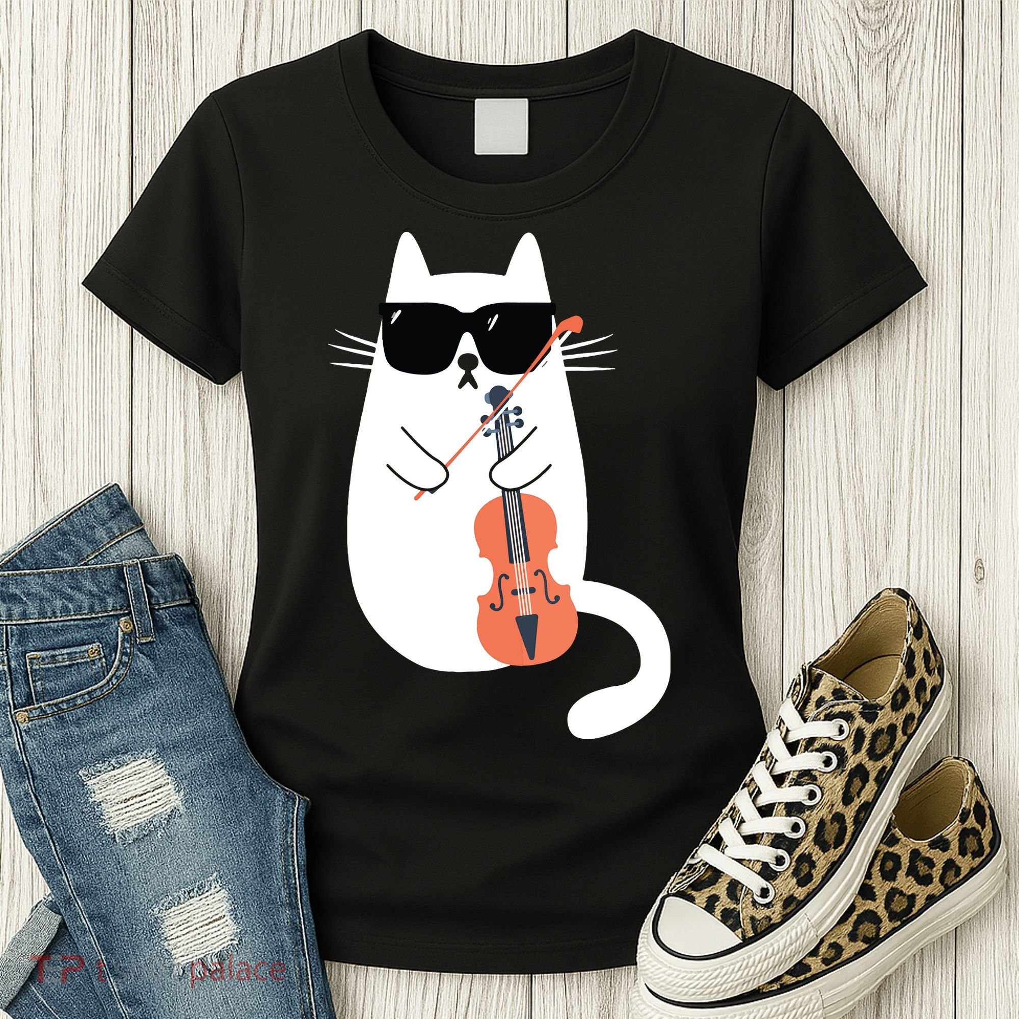 Funny Cat Wearing Sunglasses Playing Violin Viola Musician Women's T-Shirt