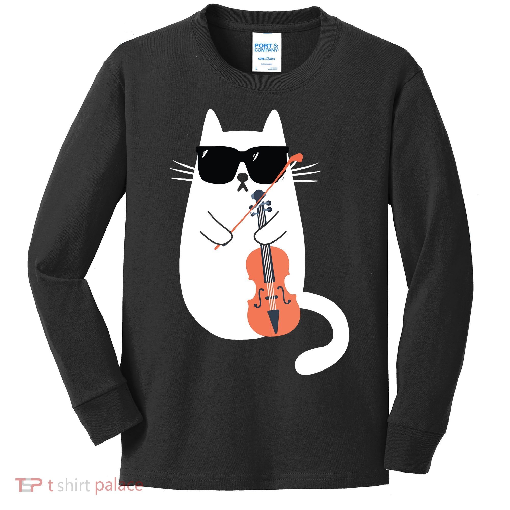 Funny Cat Wearing Sunglasses Playing Violin Viola Musician Kids Long Sleeve Shirt